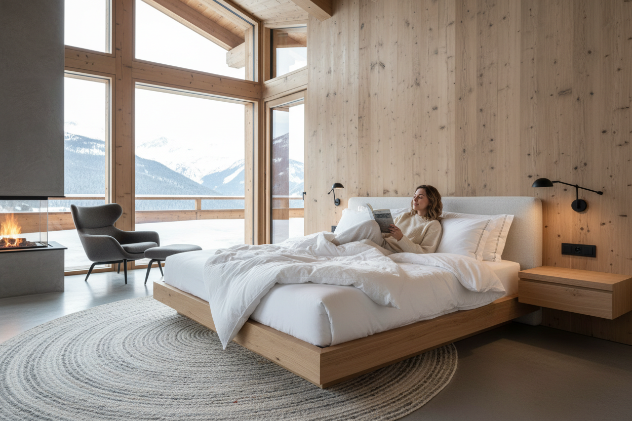 masterbedroom with white bedding and memory foam pillow, in a chalet modern and cosy, a bit of wood, a women relax on the bed